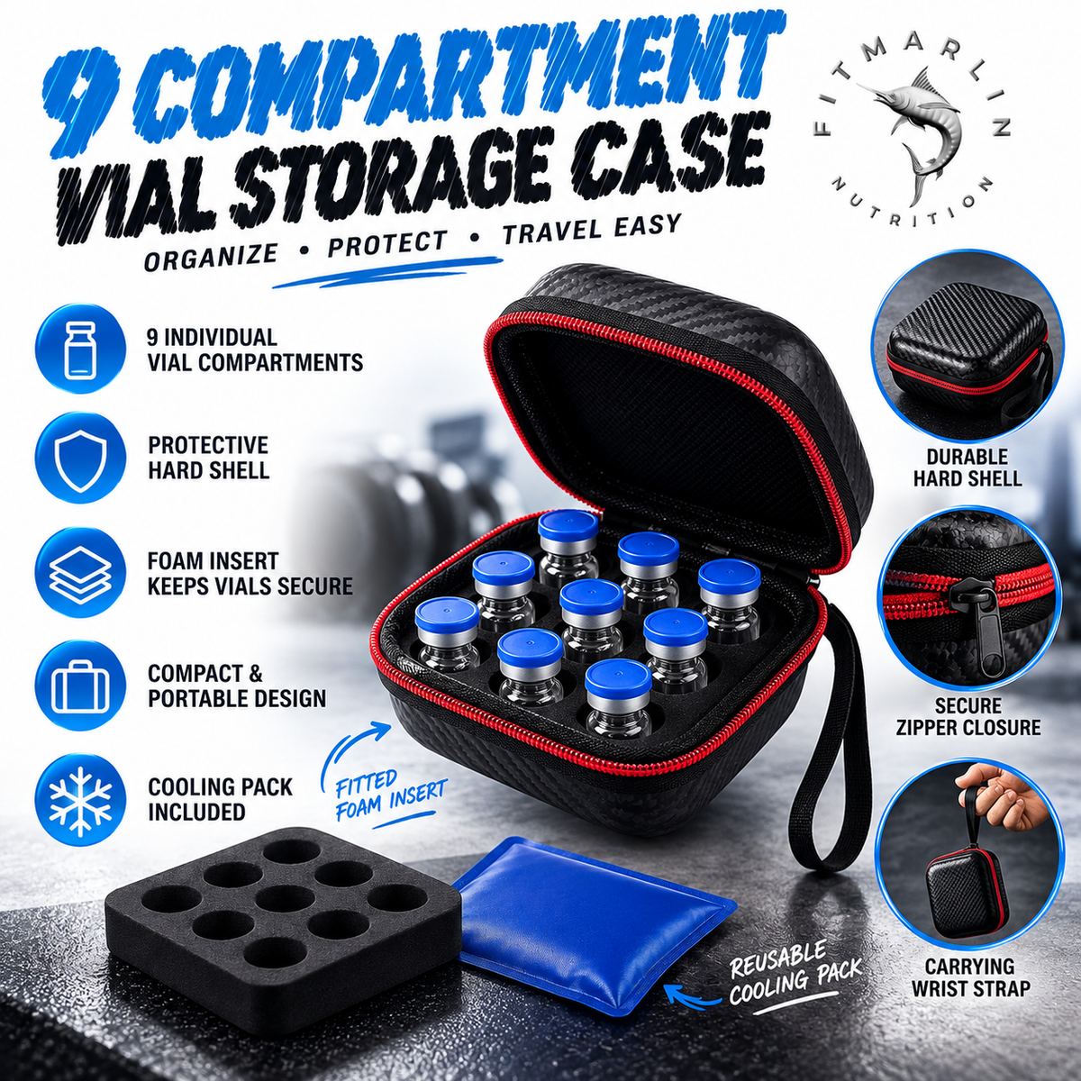 Portable Vial Storage Case – 9 Compartments