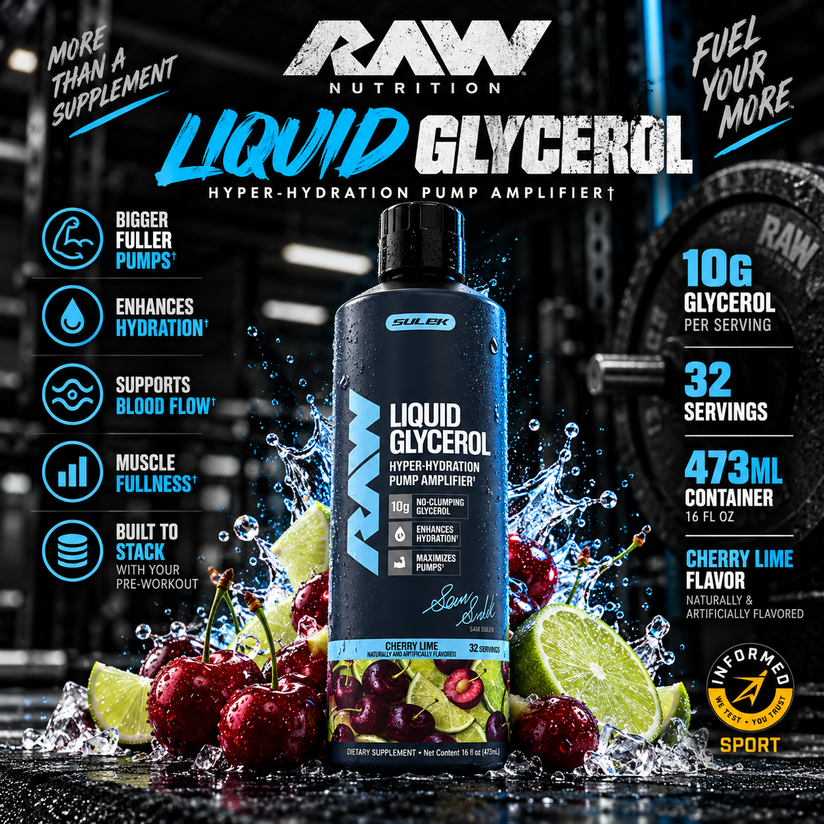 RAW Nutrition Liquid Glycerol 473ml Cherry Lime – Sam Sulek Edition