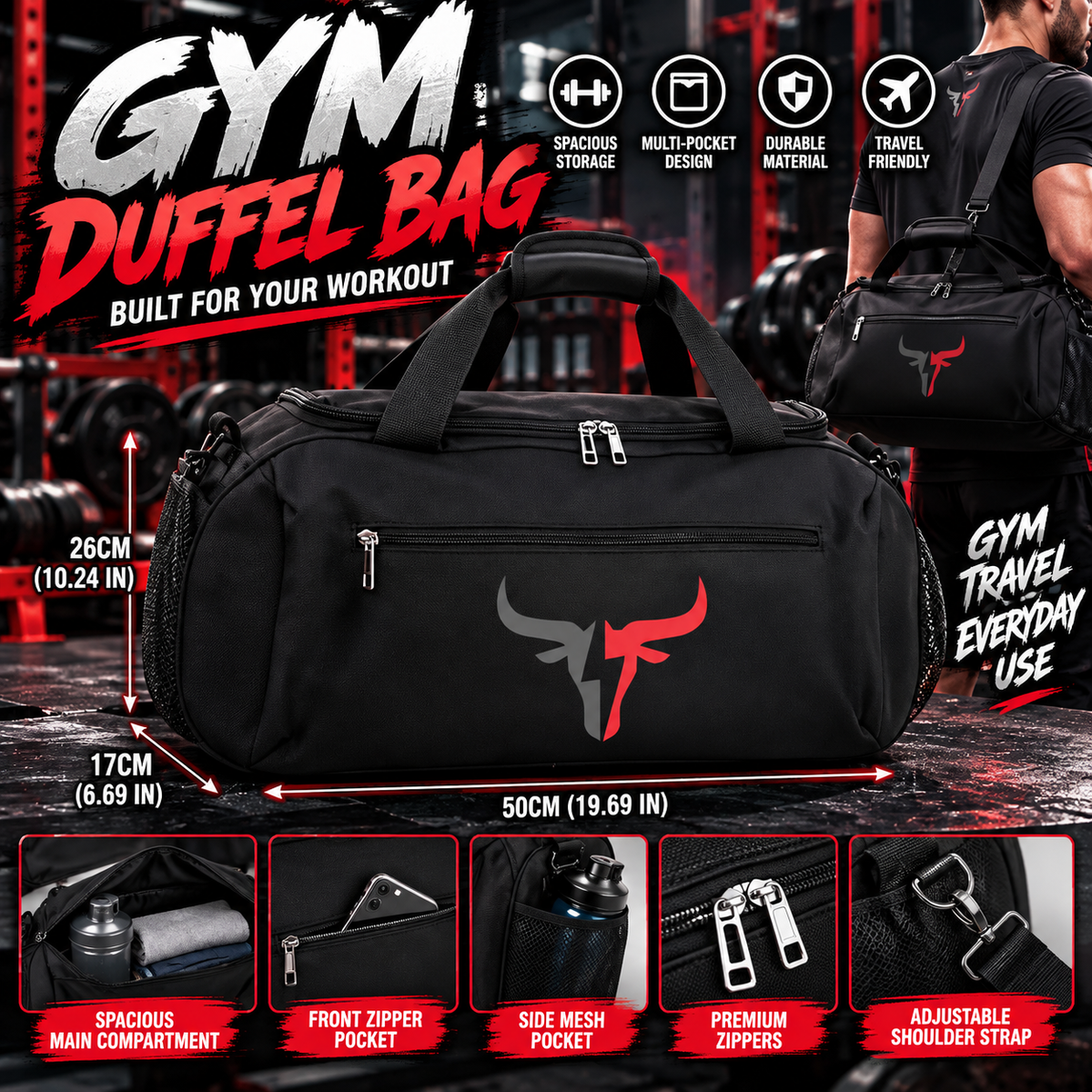 Gym Duffel Bag – Bull Logo – Black – 50cm