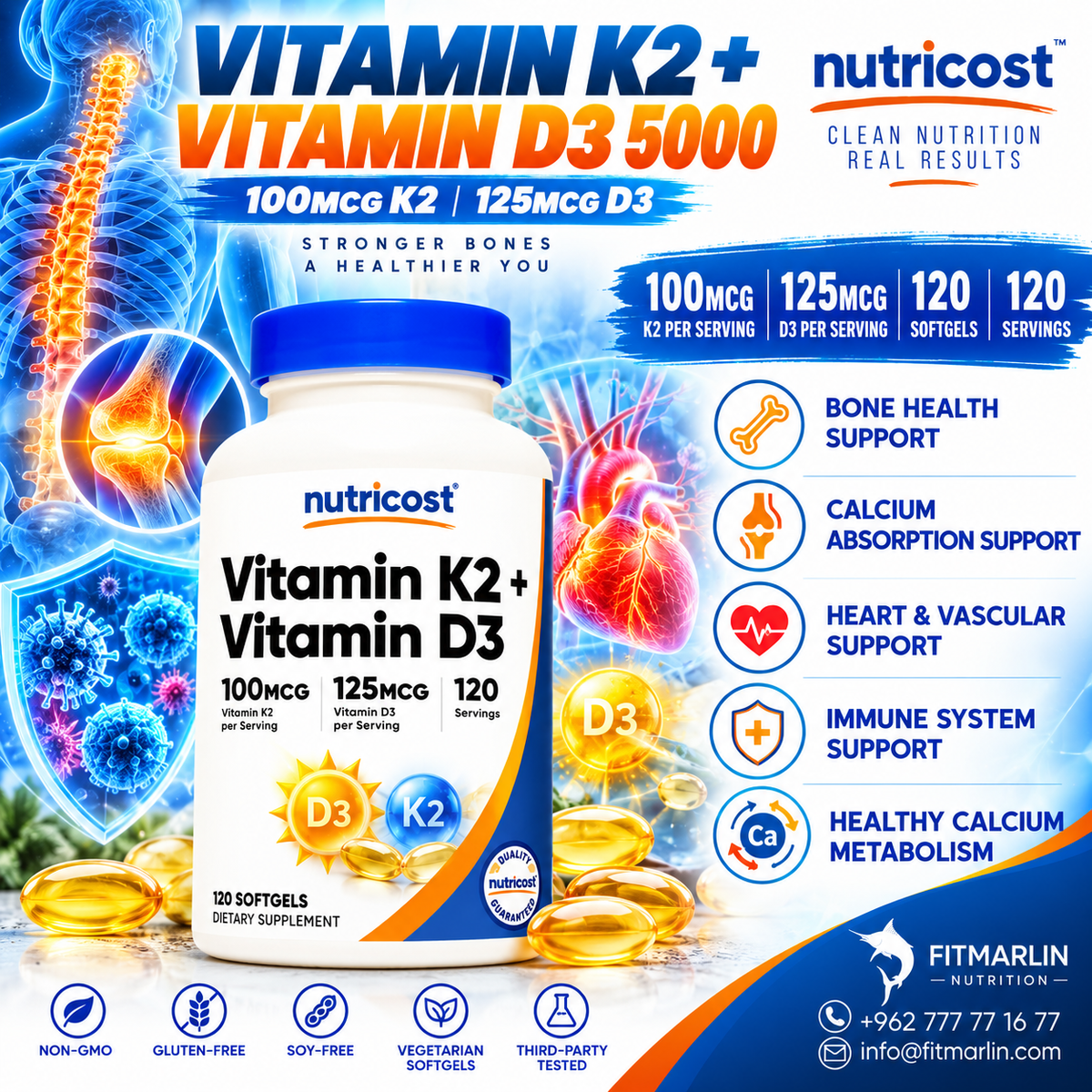 Nutricost Vitamin K2 + Vitamin D3 5000 IU – 120 Softgels