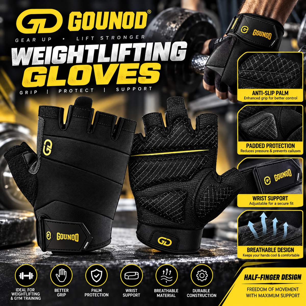 GOUNOD Weightlifting Gloves with Wrist Support – Black