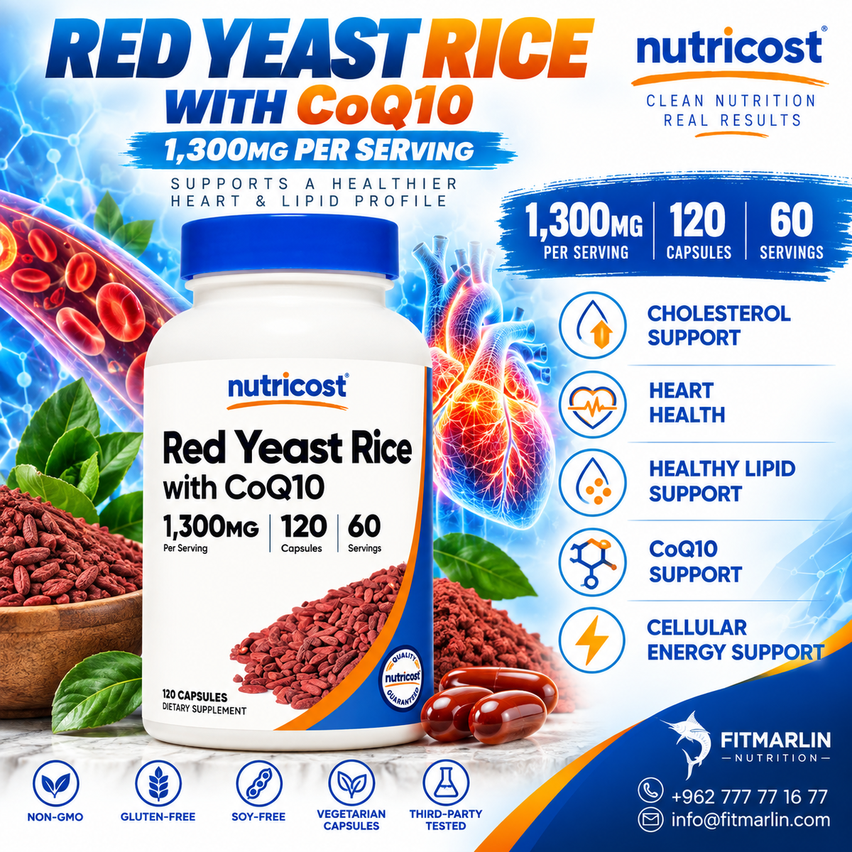 Nutricost Red Yeast Rice with CoQ10 1300mg – 120 Capsules
