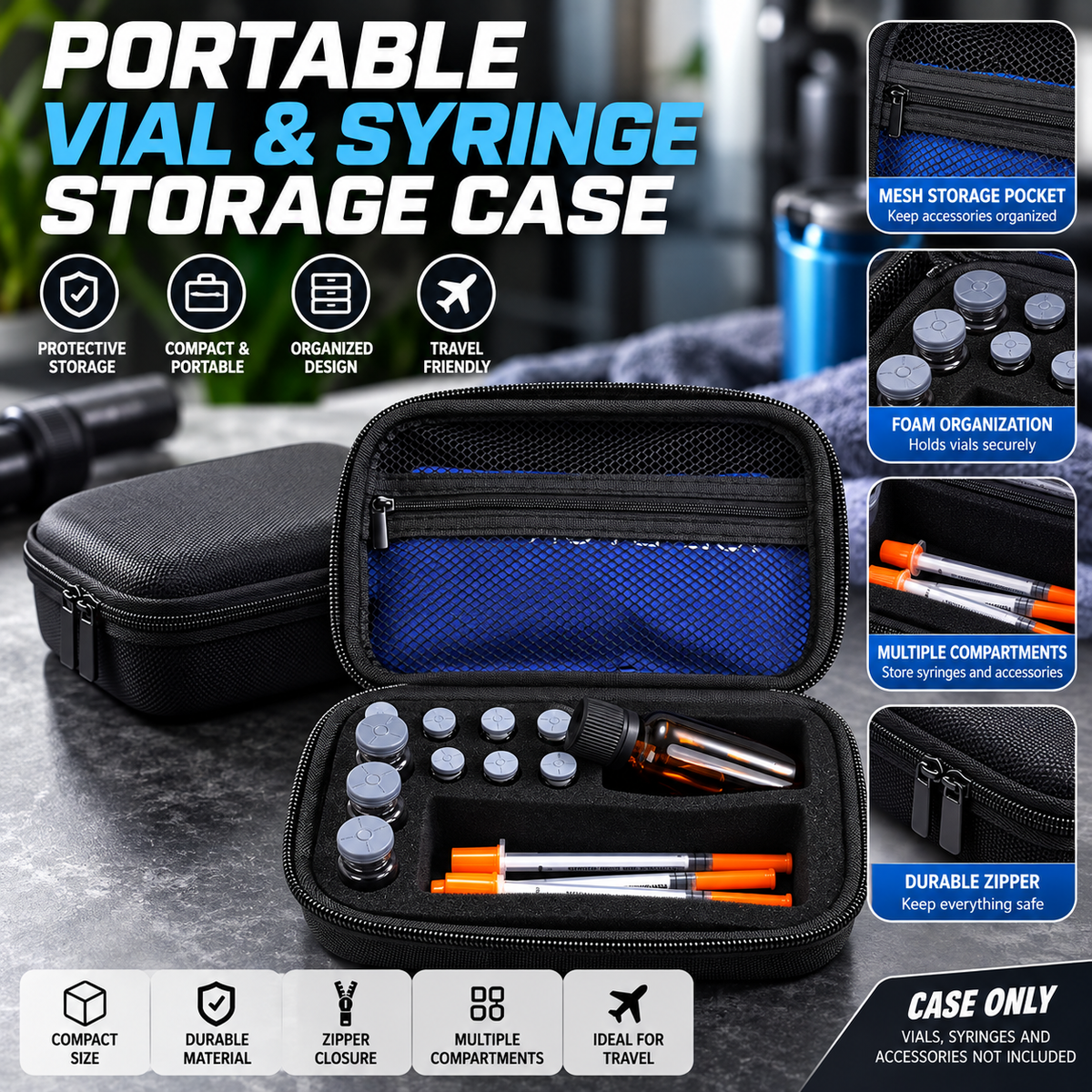 Portable Vial & Syringe Storage Case – Black