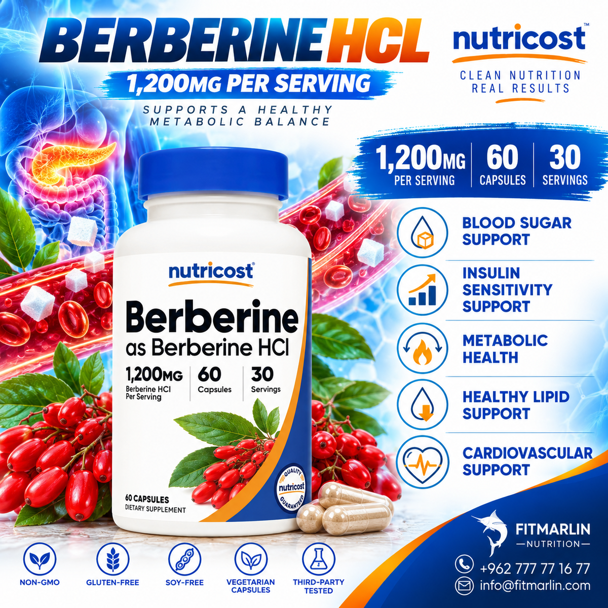 Nutricost Berberine HCl 1200mg – 60 Capsules