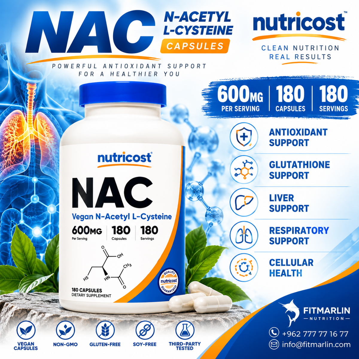 Nutricost NAC 600mg – 180 Capsules