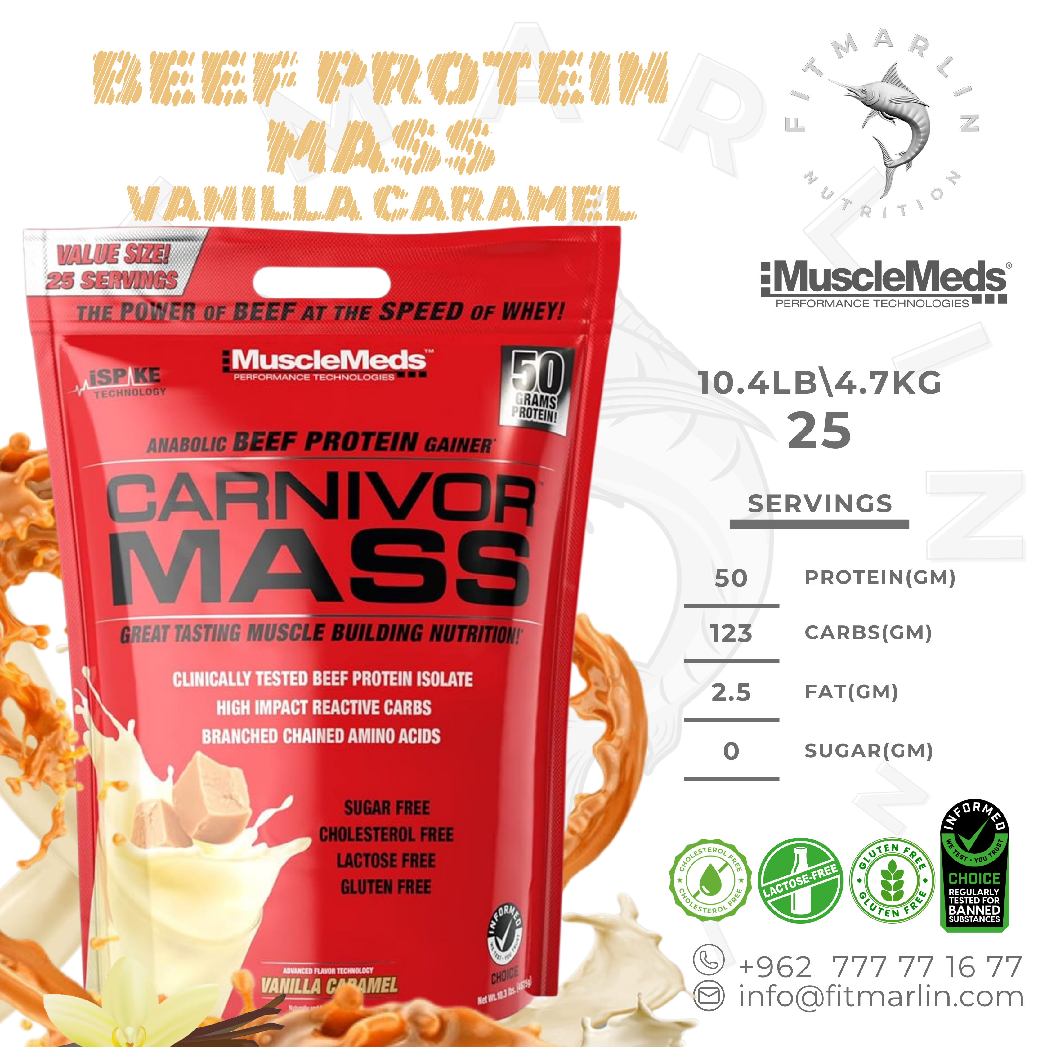 MuscleMeds Carnivor Mass Anabolic Beef Protein Gainer (10.4lb,4.7gm)