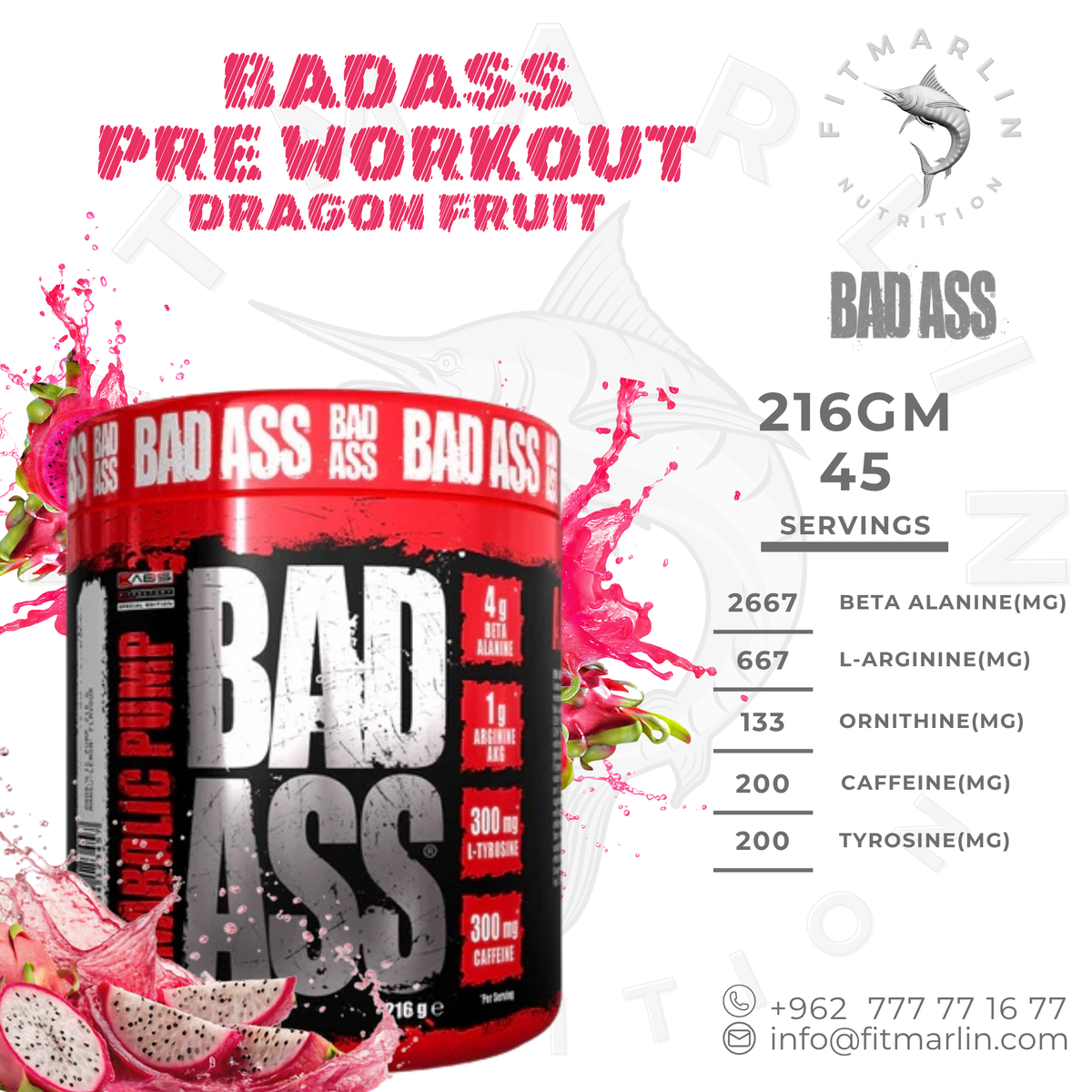 BAD ASS Pre-Workout 216g – Dragon Fruit