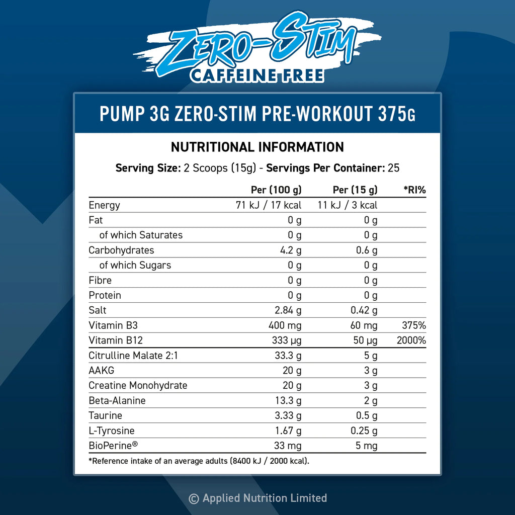 Applied Pump 3G Zero Stim – Icy Blue Raz – 375GM