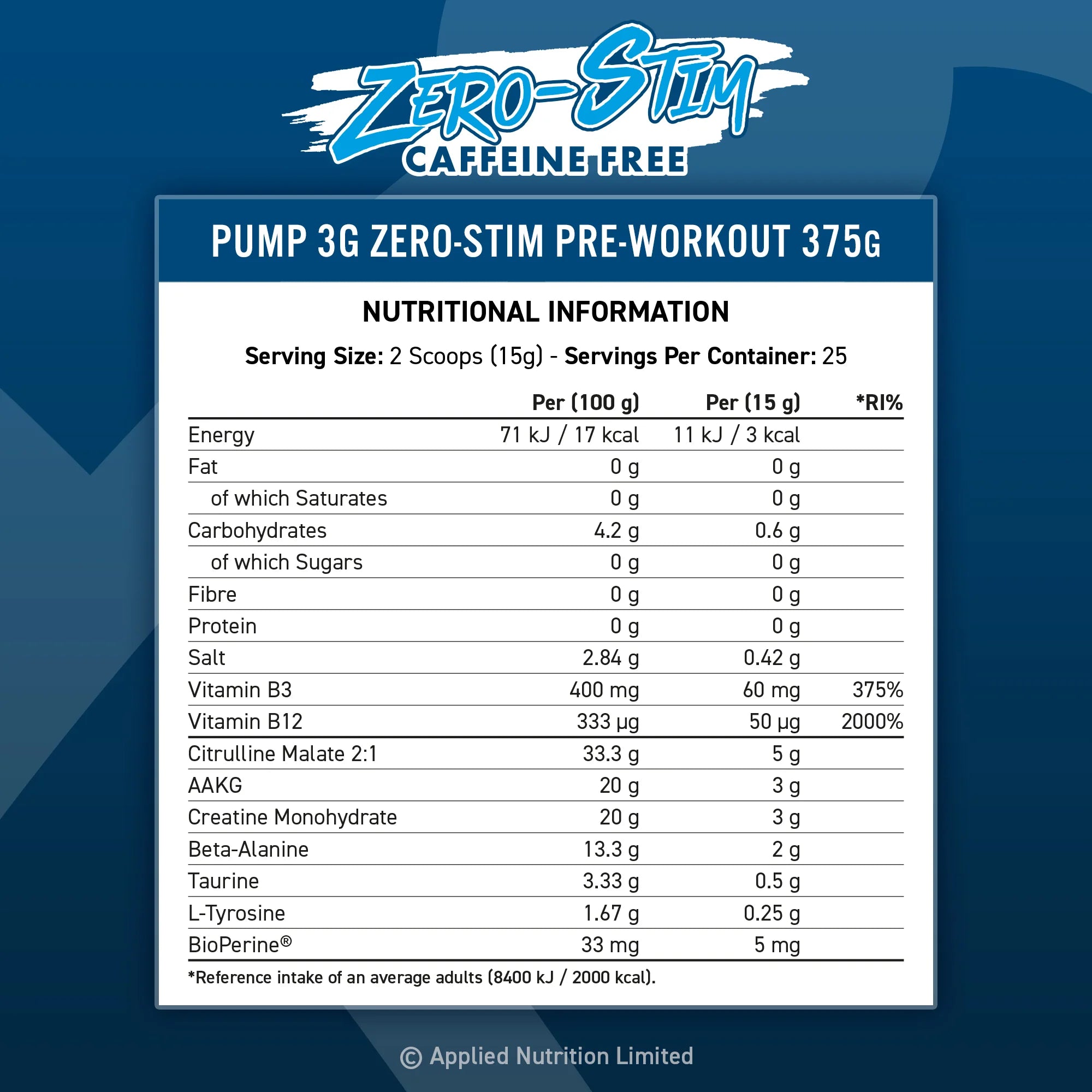 Applied Pump 3G Zero Stim – Icy Blue Raz – 375GM