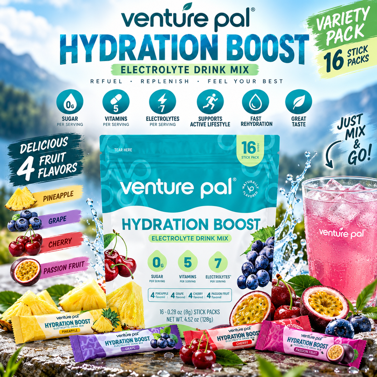 Venture Pal Hydration Boost Electrolyte Drink Mix – Variety Pack – 16 Sticks
