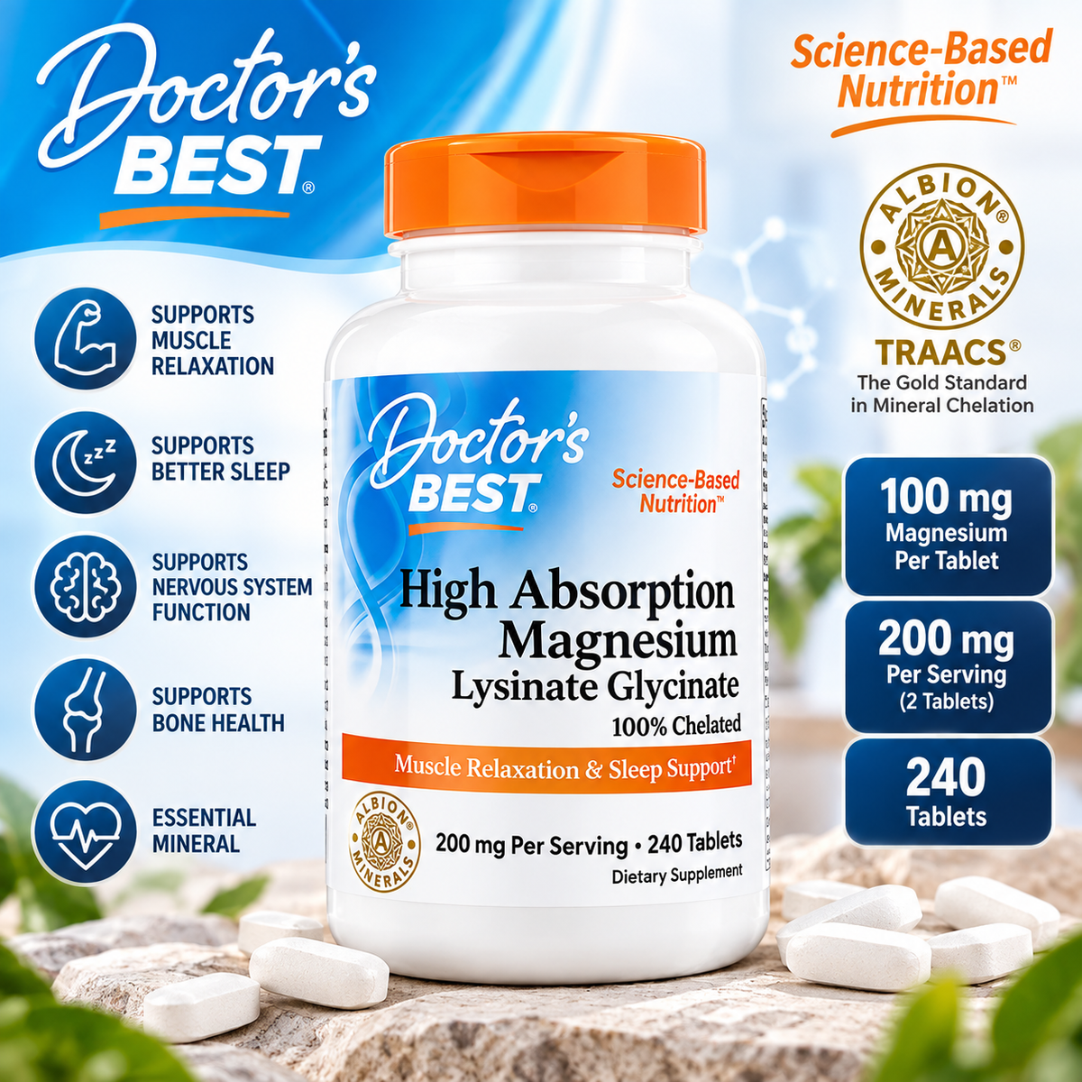 Doctor’s Best High Absorption Magnesium Lysinate Glycinate – 240 Tablets
