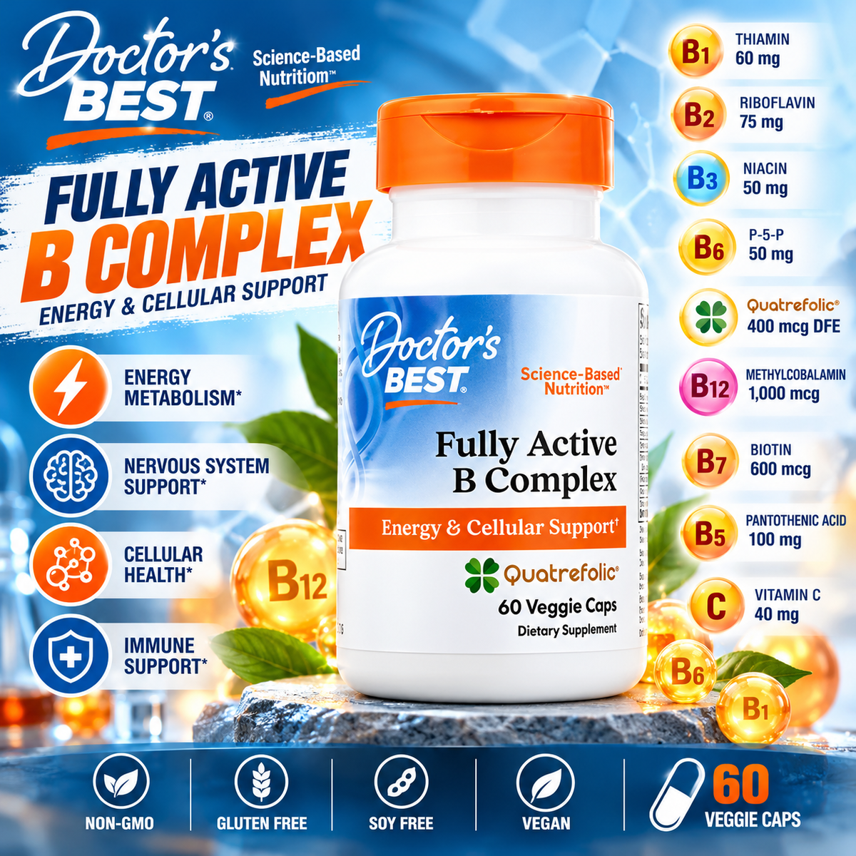 Doctor's Best Fully Active B Complex with Quatrefolic – 60 Veggie Caps