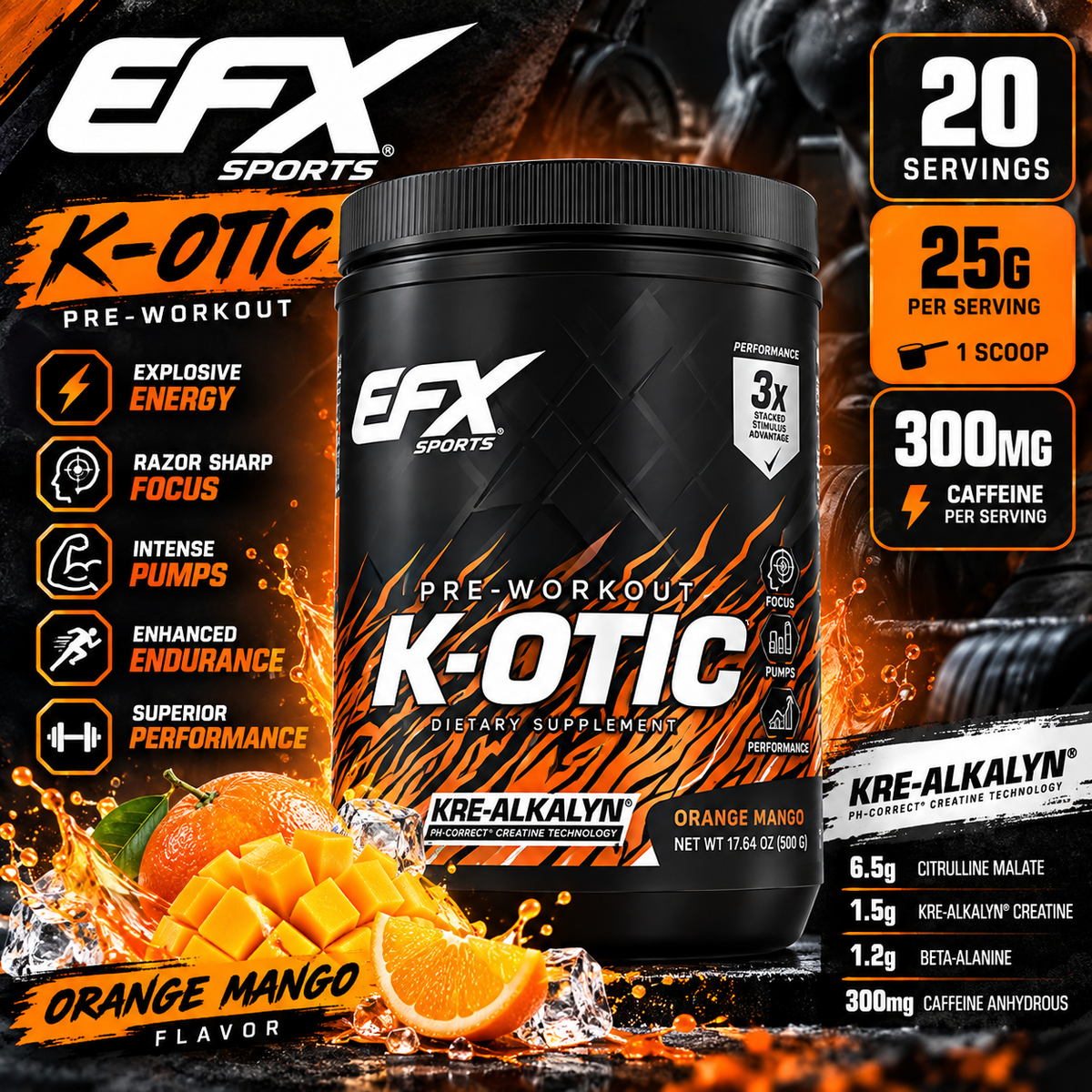 EFX Sports K-OTIC Pre-Workout – Orange Mango – 500g