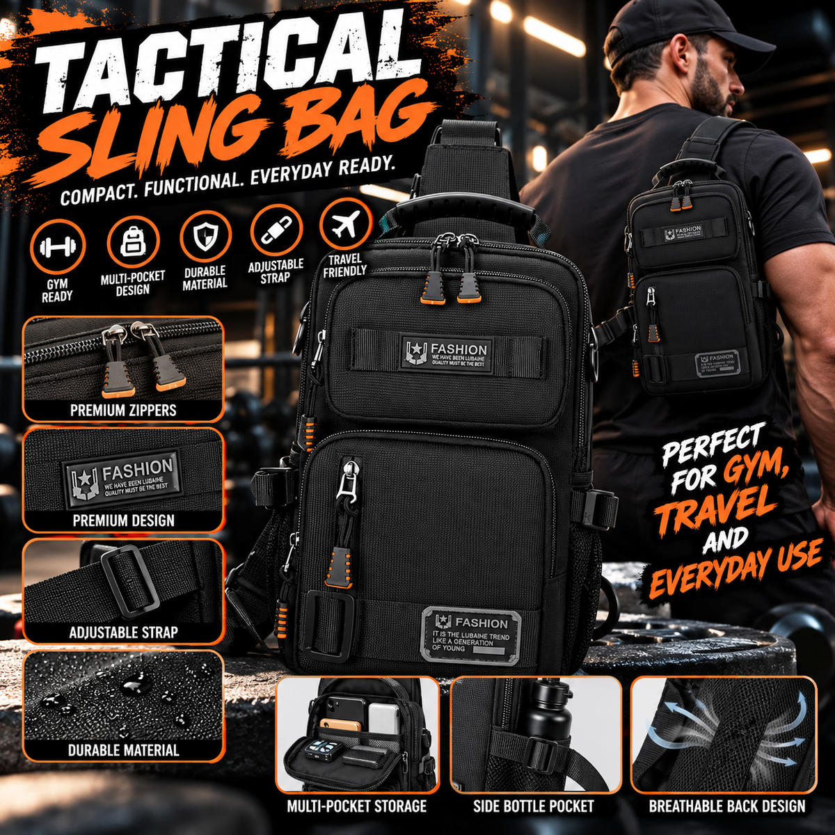 Tactical Sling Bag – Multi-Pocket Crossbody Backpack – Black